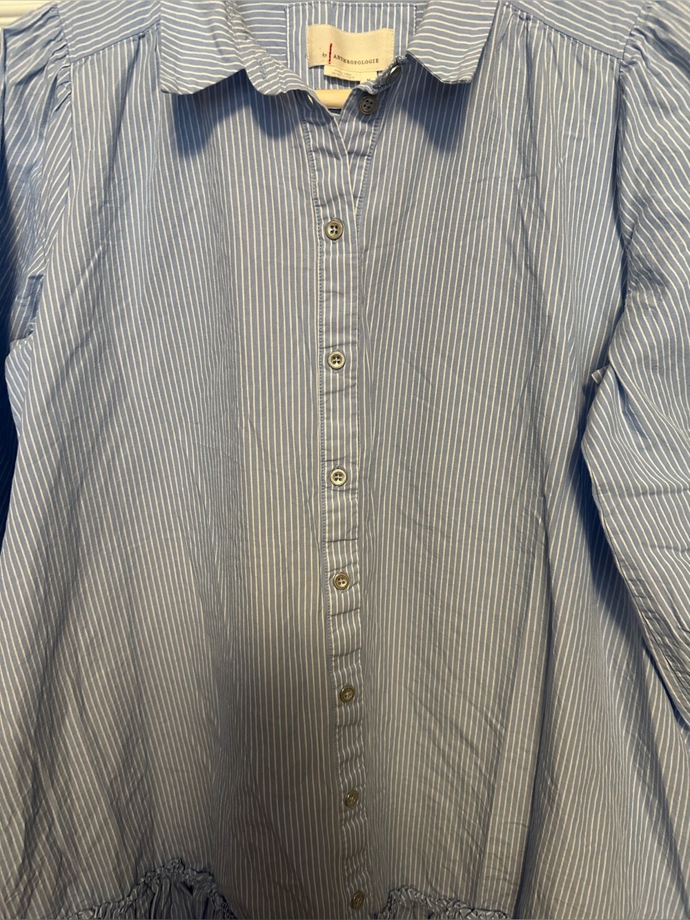 Anthropologie Sky Blue Striped Ruffle-Hem Midi Shirt Dress - Picture 6 of 10